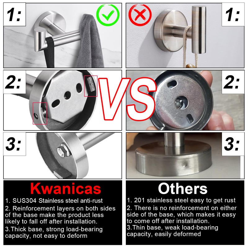 Kwanicas Towel Hooks for Bathrooms Brushed Nickel Towel Hook for Kitchen Bathroom SUS304 Stainless Steel Coat Hook Heavy Duty Double Holder Robe Hooks for Hanging Towels Coats Sponges Clothes Wall Mount 2 Pack - Image 5